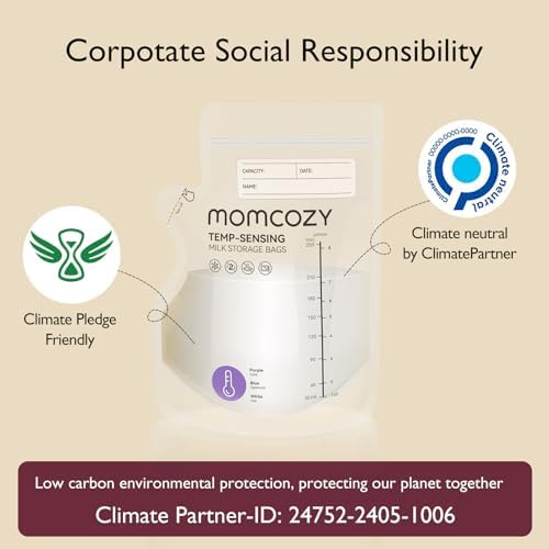 Momcozy Easy Pour Breastmilk Storage Bag, 8Oz, Temp-Sensing Color Change, 120 Count Milk Bag with Self Standing for Breastfeeding, No Leak Presterilized for Freezer, Recyclable & BPA Free