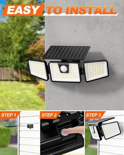 INCX Solar Lights Outdoor Waterproof, 3000 LM 156 LED Motion Sensor Outdoor Lights, 3 Heads Solar Powered Security Flood Light Motion Detected Spotlight for Patio Garage Yard Entryways, 2 Pack Black