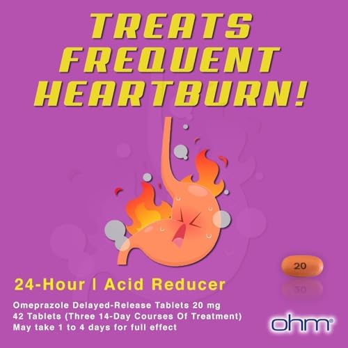 Ohm Omeprazole Delayed-Release Tablets, 20mg Acid Reducer, Treats Frequent Heartburn (12 Weeks of Supply, 84, Count)