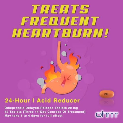 Ohm Omeprazole Delayed-Release Tablets, 20mg Acid Reducer, Treats Frequent Heartburn (12 Weeks of Supply, 84, Count)