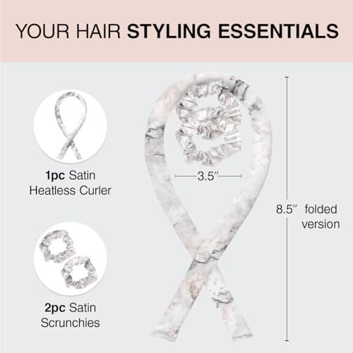 Kitsch Satin Heatless Hair Curler Set - Heatless Curls Overnight, Hair Rollers for Soft Curls & Frizz-Free Styling, No Heat Curlers To Sleep in, Curling Rod Headband with 2 Scrunchies - Marble