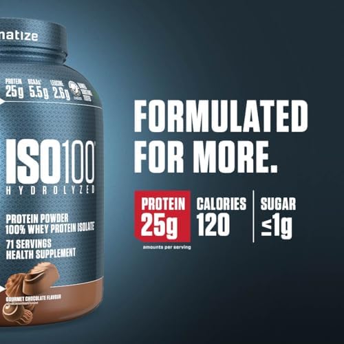 Dymatize ISO100 Whey Protein Powder Isolate, Gourmet Chocolate, 25g of Protein, 5 Pound, 5.5g BCAAs, Less Than 120 Cal., Gluten Free, 1g Fat, 1g Sugar, 2g Carb (71 Servings)