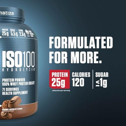 Dymatize ISO100 Whey Protein Powder Isolate, Gourmet Chocolate, 25g of Protein, 5 Pound, 5.5g BCAAs, Less Than 120 Cal., Gluten Free, 1g Fat, 1g Sugar, 2g Carb (71 Servings)