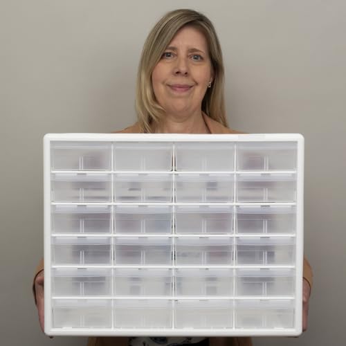Akro-Mils 24-Drawer Plastic Drawer Storage Cabinet for Garage Organization, Bead Organizer, Building Bricks Storage, Teacher Toolbox, Makeup Organizer, 20-Inch W x 6-Inch D x 16-Inch H, 10124 White