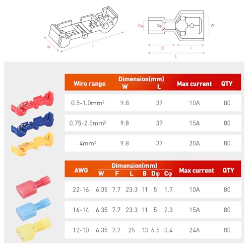 Nilight 480PCS/80 Pairs T-Tap Wire Connectors Self-Stripping Quick Splice Electrical Wire Terminals Insulated Male Quick Disconnect Spade Terminals Assortment Kit with Storage Case, 2 Years Warranty