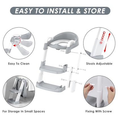 Potty Training Seat with Step Stool Ladder, Toddler Potty Training Toilet for Boys Kids, Potty Chair Adjustable Potty Seat for Toilet with Anti-Slip Wide Steps Splash Guard Safety Handles