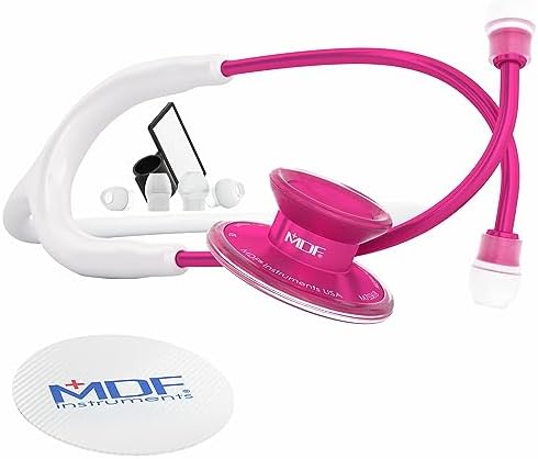 MDF Instruments, Acoustica Lightweight Stethoscope for Doctors, Nurses, Students, Home Health Use, Adult, Dual Head, White Tube, Pink Alloy Chestpiece-Headset, MDF747XPPA29