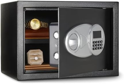 Amazon Basics Steel Security Safe and Lock Box with Electronic Keypad, for Cash, Jewelry, Documents, Black, 0.5 Cubic Feet, 13.8" W x 9.8" D x 9.8" H