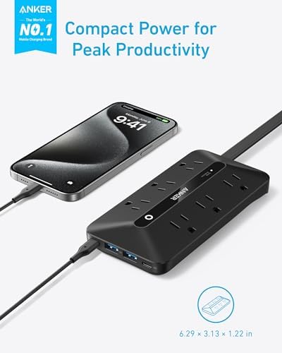 Anker Flat Plug Power Strip 300J with USB Ports, 10-in-1 Ultra Thin Power Strip with 6 AC, 2 USB-A and 2 USB-C Ports,5feet Extension Cord, Desk Charging Station,Home Office College Dorm