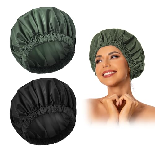 Reusable Shower Cap for Women, Large Waterproof Shower Bonnet Washable Elastic Band Bath Accessories Hair Hat for Long Hair, Braids(Black&Green)