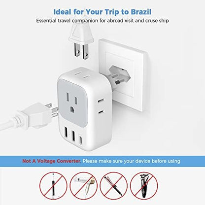 TESSAN Brazil Power Adapter, US to Brazil Travel Plug with 4 American Outlets 3 USB Charger (1 USB C Port), Type N Adaptor for USA to Brazilian Brasil