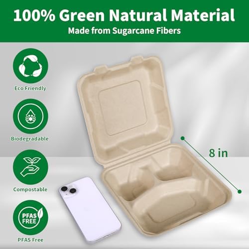 Aricsen Compostable 100 Pack 8x8 Inch 3 Compartment Takeout Lunch Box Containers with Lid To Go Take Out Clamshell for Food, Disposable Eco-Friendly Biodegradable Bagasse, PFAS-Free, Unbleached Brown