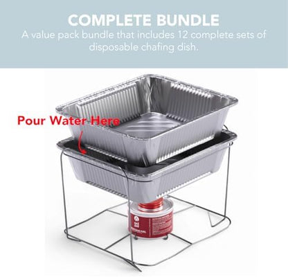 12 Pack - Disposable Chafing Dish Buffet Set, Welded Body Food Warmers for Parties, 2hr Fuel Cans Complete Set, Half Size Pans, Warming Trays