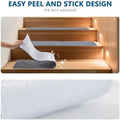 Stair Treads for Wooden Steps Indoor, 15 Pack 8" X 30" Non Slip Carpet Stair Treads with Reusable Adhesive for Kids Elders and Dogs, Surface Polyester TPR Backing Stair Runner Rugs, Dark Grey
