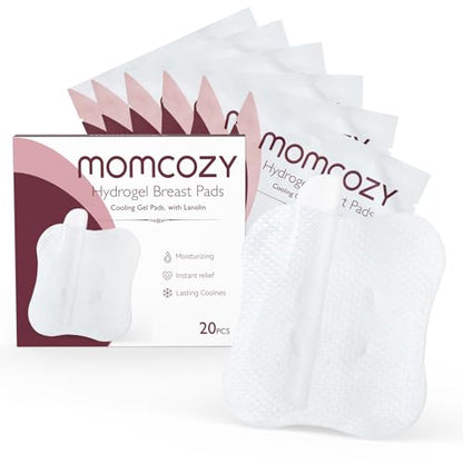 Momcozy Hydrogel Nipple Pads with Soothing Lanolin, Soothies Gel Nursing Pads Provide Instant Cooling Relief, Breastfeeding Essentials, 20 PCS