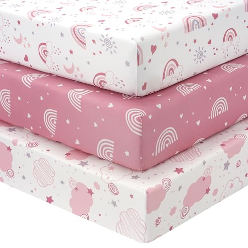 Baby Crib Sheets Girl, 3 Pack Toddler Bed Sheets Fitted for 52”x28” Standard Crib and Toddler Mattresses, Super Soft Microfiber Pink Rainbow