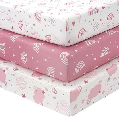 Baby Crib Sheets Girl, 3 Pack Toddler Bed Sheets Fitted for 52”x28” Standard Crib and Toddler Mattresses, Super Soft Microfiber Pink Rainbow