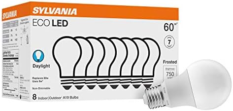 SYLVANIA ECO LED A19 Light Bulb, 60W Equivalent, Efficient 9W, 7 Year, 750 Lumens, Non-Dimmable, Frosted, 5000K, Daylight - 8 Count (Pack of 1) (40883)