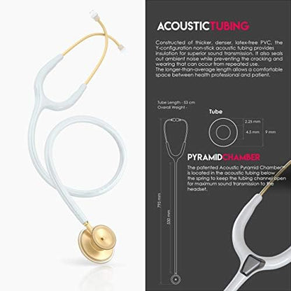 MDF Instruments, Acoustica Lightweight Stethoscope for Doctors, Nurses, Students, Home Health Use, Adult, Dual Head, White Tube, Gold Chestpiece-Headset, MDF747XPK29