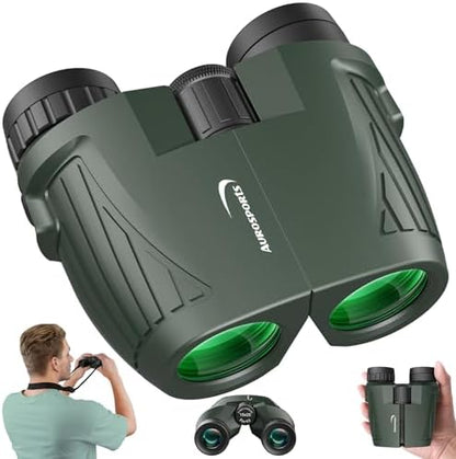Aurosports 15x25 Compact Binoculars for Adult Kids - High Power Binoculars for Bird Watching - Easy Focus Small Binocular with Low Light Vision for Travel, Camping, Concert, Hiking -Green
