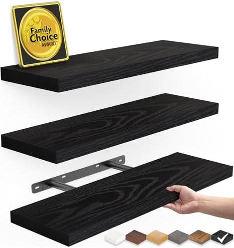 BAYKA Floating Shelves for Wall, Wall Mounted Rustic Wood Shelves for Bathroom, Bedroom, Living Room, Kitchen, Hanging Shelf for Books/Storage/Room Decor with 22lbs Capacity (Black, Set of 3, 15.7in)