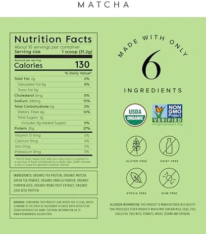 Truvani Vegan Pea Protein Powder | Matcha | 20g Organic Plant Based Protein | 10 Servings | Keto | Gluten & Dairy Free | Low Carb | No Added Sugar