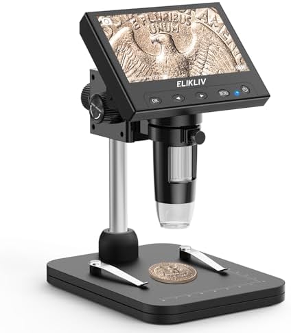 Elikliv Coin Microscope, 4.3'' LCD Digital Microscope 1000x, Coin Magnifier with 8 Adjustable LED Lights, PC View Compatible with Windows/Mac, EDM4B, Black