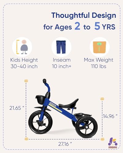 KRIDDO Kids Tricycles Age 24 Month to 4 Years, Toddler Kids Trike for 2.5 to 5 Year Old, Gift Toddler Tricycles for 2-4 Year Olds, Trikes for Toddlers, Sporty Styling, Blue