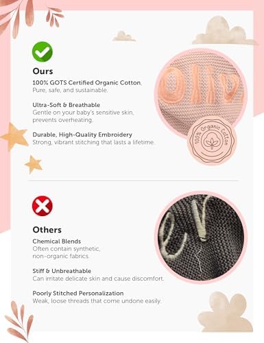 Personalized Baby Blanket, 100% Organic Cotton GOTS Certified, Custom Baby Blanket with Name, Customized Swaddle Blanket with Name, Knit Recieving Blankets for Boys and Girls