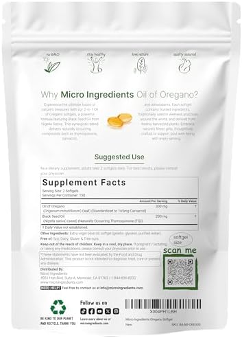 Micro Ingredients Oil of Oregano Softgels, 300 Count | 2 in 1 Formulated with Black Seed Oil, 4X Strength Carvacrol & Thymoquinone | Plant Based, Non-GMO, & Immune Support