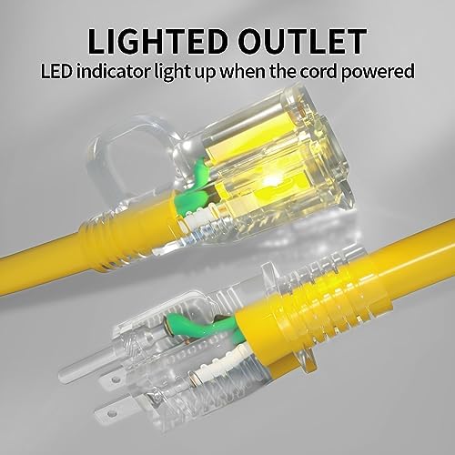 100 ft 12/3 Outdoor Extension Cord Waterproof Heavy Duty with Lighted Indicator End 12 Gauge 3 Prong, Flexible Cold-Resistant Long Power Cord Outside, 15Amp 1875W SJTW Yellow ETL Listed