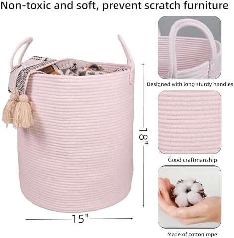 Cotton Rope Laundry Basket Hamper for Girls Kids Baby Nursery Hamper Bin Woven Storage Basket for Living Room Girls room Boho Tall Rope Baskets for Blanket Toys Large light pink