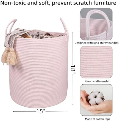 Cotton Rope Laundry Basket Hamper for Girls Kids Baby Nursery Hamper Bin Woven Storage Basket for Living Room Girls room Boho Tall Rope Baskets for Blanket Toys Large light pink