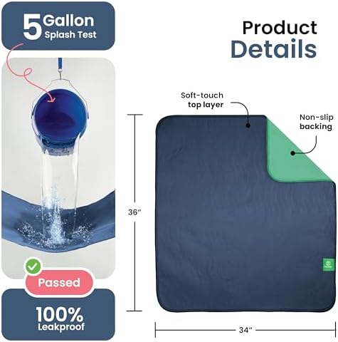 IMPROVIA® Washable Underpads 34" x 36" Pack of 4 Heavy Absorbency Reusable Bedwetting Incontinence Pads for Adults, Kids, & Pets - Waterproof Protective Pad for Bed, Couch, Sofa, Floor (Navy & Green)