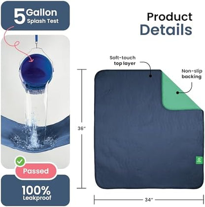 IMPROVIA® Washable Underpads 34" x 36" Pack of 4 Heavy Absorbency Reusable Bedwetting Incontinence Pads for Adults, Kids, & Pets - Waterproof Protective Pad for Bed, Couch, Sofa, Floor (Navy & Green)