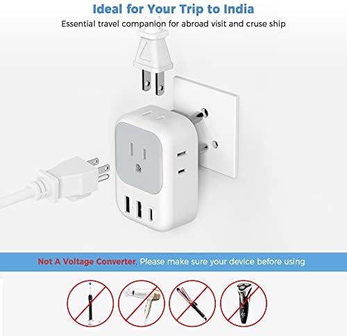 India Plug Adapter 2 Pack, TESSAN Type D Travel Adapter with 4 Outlets 3 USB Charger (1 USB C Port), US to Indian Outlet Adaptor for USA to Bangladesh, India, Kuwait, Maldives