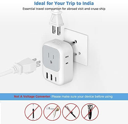 India Plug Adapter 2 Pack, TESSAN Type D Travel Adapter with 4 Outlets 3 USB Charger (1 USB C Port), US to Indian Outlet Adaptor for USA to Bangladesh, India, Kuwait, Maldives