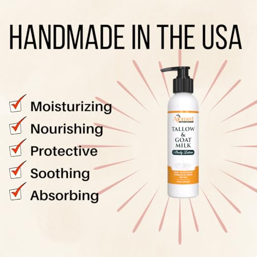 Grass Fed Beef Tallow & Goat Milk Body Lotion for Sensitive Skin, Organic Tallow Lotion - Soothes Dry Patches, dry skin eczema Moisturizer - Handmade Tallow Body Lotion (Sandalwood Vanilla, 12 Oz)