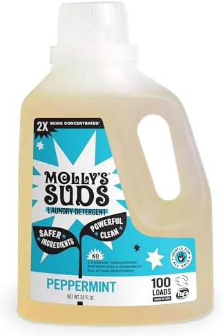 Molly's Suds Liquid Laundry Detergent | Clean Laundry Detergent Soap for Sensitive Skin | 2x Concentrated, High Efficiency (HE) | Peppermint - 100 Loads