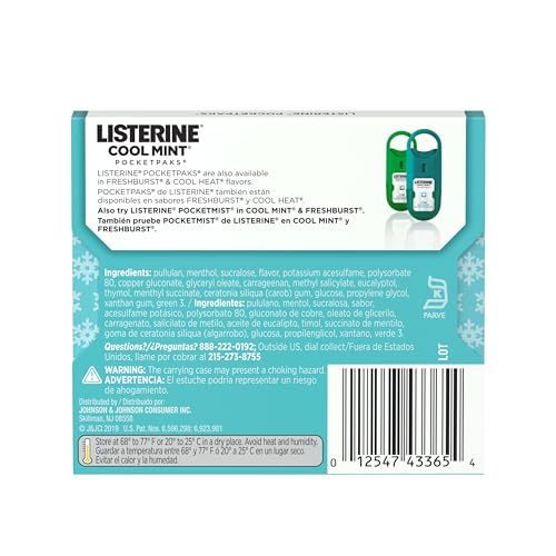 Listerine Cool Mint PocketPaks Portable Breath Strips for Bad Breath, Fresh Breath Strips Dissolve Instantly to Kill 99% of Bad Breath Germs* On-The-Go, Cool Mint, 12 Pack