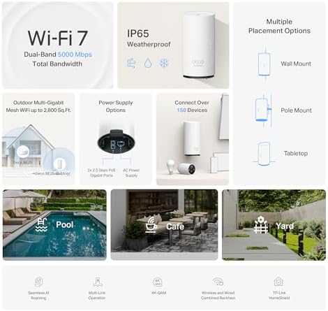 TP-Link Deco BE25-Outdoor BE5000 Dual-Band Wi-Fi 7 Outdoor Mesh WiFi Extender Unit | Up to 2,800 sq.ft | 2 * 2.5G PoE+ Ports, IP65 Waterproof, MLO| Multiple Mounting Options| Secure by Design, 1-Pack