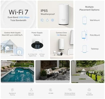 TP-Link Deco BE25-Outdoor BE5000 Dual-Band Wi-Fi 7 Outdoor Mesh WiFi Extender Unit | Up to 2,800 sq.ft | 2 * 2.5G PoE+ Ports, IP65 Waterproof, MLO| Multiple Mounting Options| Secure by Design, 1-Pack
