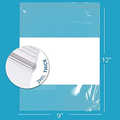 GPI Pack of 100 9" X 12" Clear Plastic Reclosable Zip Bags - Bulk 2 Mil Thick Strong & Durable Poly Baggies with Resealable Zipper Top Lock & Write-on White Block, for Storage, Packaging & Shipping