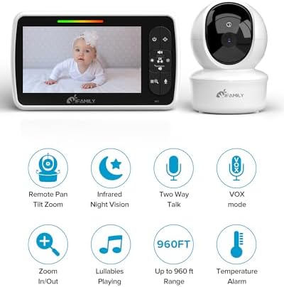 iFamily Baby Monitor - Large 5" Screen with 30Hrs Battery Life - Remote Pan-Tilt-Zoom;No WiFi, Two-Way Audio, Night Vision, Temperature, Lullabies, 960ft Long Range Baby Monitor with Camera and Audio