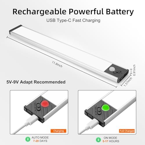 Under Cabinet Lighting, Equipped with Motion Sensor, Rechargeable Battery Operated，3-Level Adjustable Brightness, 3 Pack Magnetic Under Counter Lights for Kitchen, Warm Light 11.8"