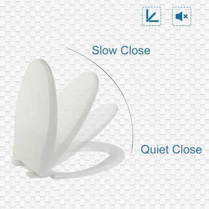 Elongated Toilet Seat Slow Close, Quiet Toilet Seat Cover with Never Loosen Durable Toilet Seat Lid Easy to Install & Clean, Polypropylene (PP), White