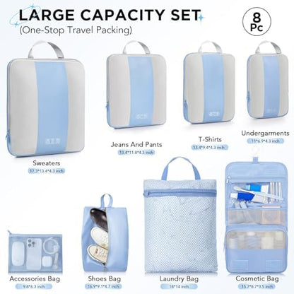 8 Set Compression Packing Cubes for Travel Essentials,Compressible Expandable Packing Cubes for Suitcase,OlarHike Luggage Organizer Bags for Travel,Handy Helper for Organizing Clothes(Light Blue)