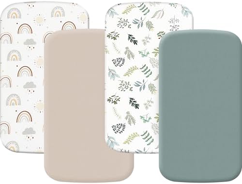 4 Pack Bassinet Sheets (19" x 33"), Compatible with Baby Delight Beside Me Dreamer and Dream On Me Skylar/Lotus/Traveler Baby Bassinet, Soft and Skin-Friendly, Mint Green and Color Rainbow