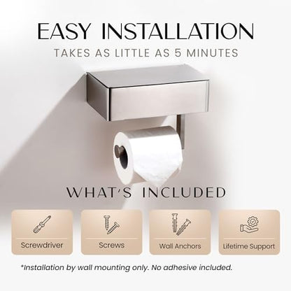 Day Moon™ Brushed Nickel Toilet Paper Holder with Shelf, Wipe Holder for Bathroom, Flushable Wipes Dispenser - Toilet Paper and Wipes Holder, Toilet Paper Holder with Storage