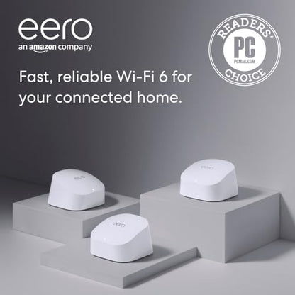 Amazon eero 6 mesh wifi system - Supports internet plans up to 500 Mbps, Coverage up to 4,500 sq. ft., Connect 75+ devices, 3-pack (1 router + 2 extenders)
